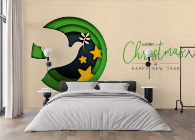 Christmas and New Year paper cut bird web banner Wall mural