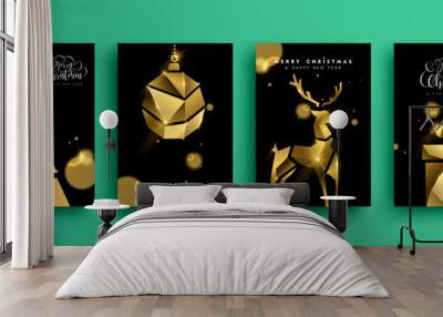 Christmas New Year gold 3d low poly party card set Wall mural