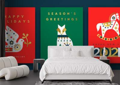 Christmas New Year gold folk animal card set Wall mural