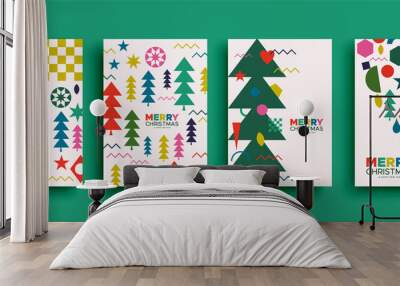 Christmas New Year retro folk pine tree card set Wall mural