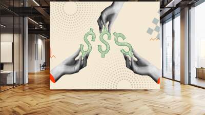 Crowdfunding concept with money icon and hands in retro collage vector illustration Wall mural