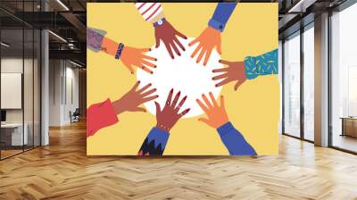 Diverse young people hands on isolated background. Teenager hand group round celebration or friend community concept. Flat cartoon illustration of men and women arms. Wall mural