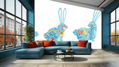 Easter egg and rabbit set with spring flowers Wall mural