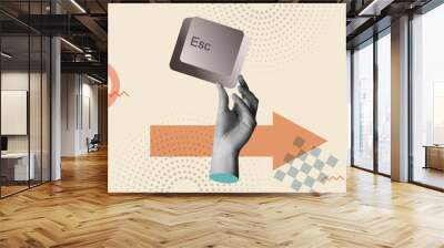 Escape key in human hands in retro collage vector illustration Wall mural