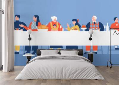 Family people cartoon eating dinner table together Wall mural