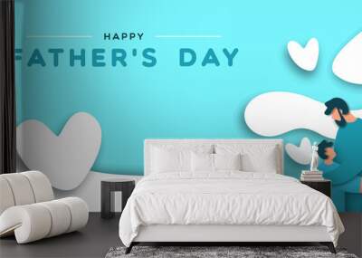 Fathers Day banner of paper cut dad hugging child Wall mural