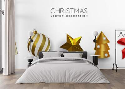 Gold christmas set 3d holiday object isolated Wall mural