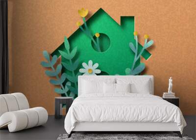 Green eco house paper cut nature concept isolated Wall mural