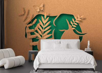 Green paper cut elephant animal with nature leaf Wall mural