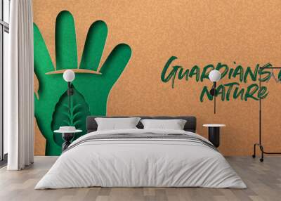 Guardians of nature green paper cut people hand Wall mural