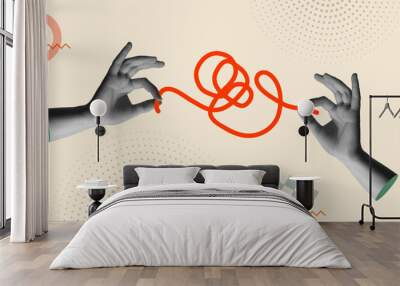 Hands working together to untangle red rope in retro 90s collage vector style Wall mural