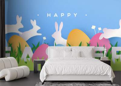 Happy easter paper cut card rabbit eggs in spring Wall mural