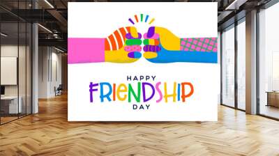 Happy frindship day greeting card illustration of colorful diverse friend hands Wall mural