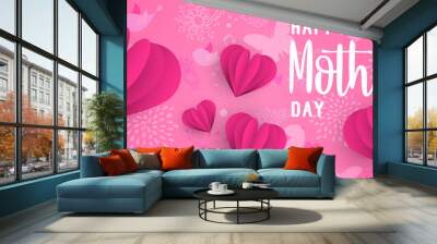 Happy Mother Day pink paper cut heart web banner Wall mural