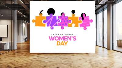 International women's day greeting card illustration of diverse woman friends together as puzzle pieces in flat cartoon style. Modern march 8 event design for female unity. Wall mural