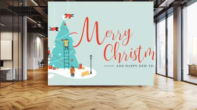 Merry Christmas card of people making xmas tree Wall mural