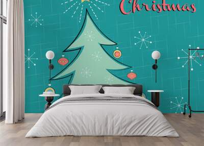 Merry Christmas card of retro pine tree with gifts Wall mural