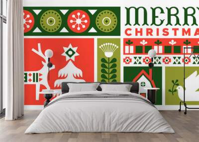 Merry Christmas flat folk art deer pine tree card Wall mural