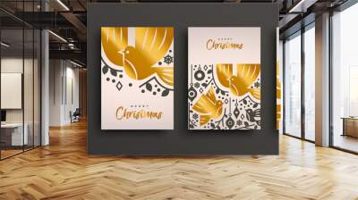 Merry Christmas greeting card set. Gold scandinavian bird animal collection with luxury geometric shapes. Holiday winter design in mid century style. Wall mural