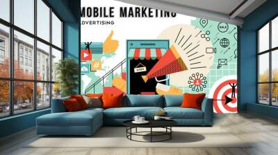 Mobile marketing and advertising concept line art Wall mural