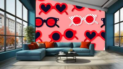 Red heart shape sunglasses seamless pattern Wall mural