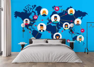 Social network world map people team connection Wall mural