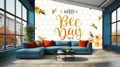 World Bee Day watercolor flower bees banner Wall mural