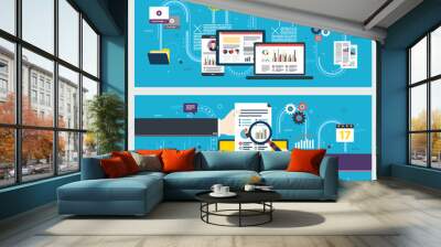 Flat icon set design in internet banner template with concept of planning, strategy and goals in business, research and analysis of data performance, digital communication and information security. Wall mural