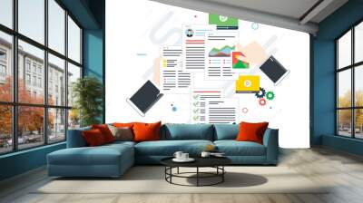 Folder with finance documents, data file, video and photo. Hands with data sheets in analysis. Contract agreement signature. Business paperwork organization concept in flat design vector illustration. Wall mural