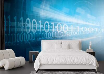 Technology background blue futuristic abstract with bright lights and binary code Wall mural