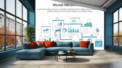 Vector illustration of data analysis, statistics, research. Monitoring investment and finance report, person analyzing business growth, finance investment planning. Thin line icons design. Wall mural