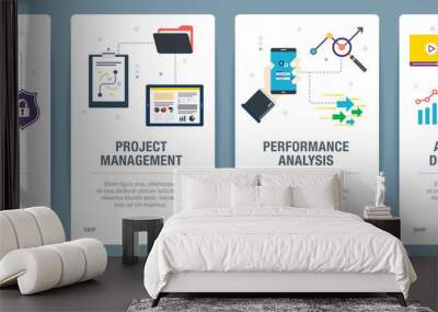 Web banners concept in vector with security analysis, project management, performance analysis and application development. Internet website banner concept with icon set. Flat design vector illustrati Wall mural