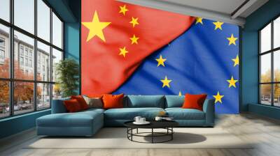 Two flags. Flag of China. European Union flag. Wall mural