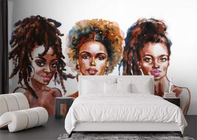 Watercolor beauty african women. Painting fashion illustration. Hand drawn portrait of pretty girls on white background Wall mural