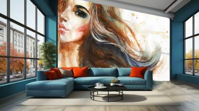 Watercolor beauty young woman. Hand drawn portrait of girl. Painting fashion illustration on white background Wall mural