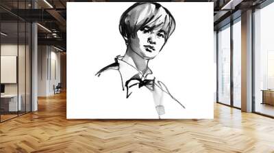 Watercolor handsome asian man. Painting fashion illustration. Hand drawn portrait of stylish guy on white background Wall mural