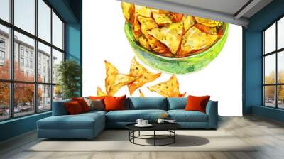 Watercolor nachos in bowl. Hand drawn chips illustration. Isolated Mexican snack on white background Wall mural