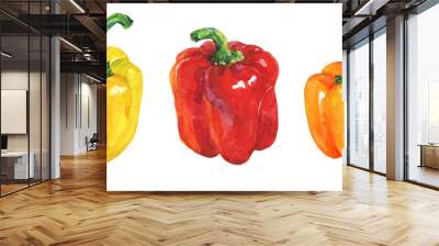 Watercolor yellow, red, orange paprika on white background. Hand drawn vegetable illustration. Painting set of bell peppers Wall mural