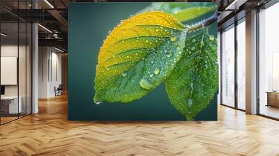 Raindrops, dew on a willow leaf. Fresh, juicy, beautiful tree leaf close-up. Summer, spring background Wall mural