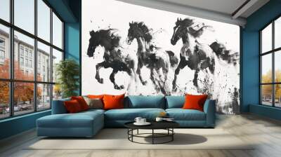 Black horses traditional Chinese ink painting on white background.  Wall mural