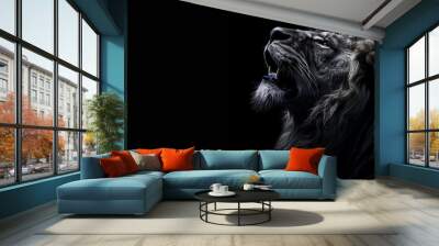 Portrait lion Roaring with Black background, copy space. Generative ai Wall mural