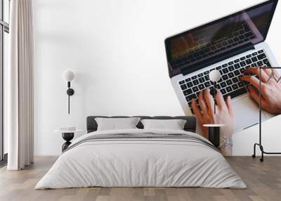 Close-up of man hands using laptop isolated on white background. Wall mural