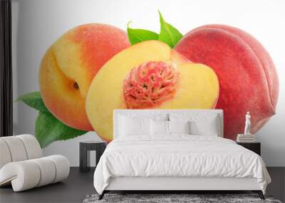 Peach fruit with leaf isolated on white background. Clipping Path Wall mural