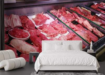 Raw meat for sale in butcher's shop Wall mural