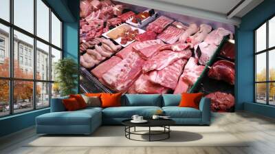 Raw meat for sale in butcher's shop Wall mural