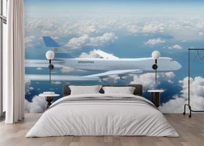 Commercial Airliner Passanger Plane Jumbo Jet Flying over Clouds with Country Flag Argentina Wall mural