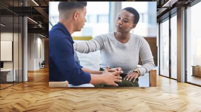 Black woman, office and console man in stress, panic or talking with mental health support in workplace. Professional, businesswoman and care for employee, coworker or management of work pressure Wall mural