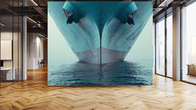 a vast blue container ship carries international freight across the ocean captured from the front bow view Wall mural