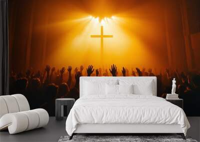 believers raising hands in prayer and worship in front of the cross showing devotion and christian faith Wall mural