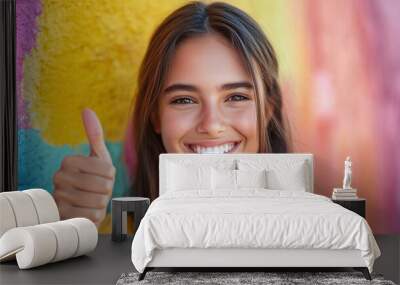 cheerful girl giving a thumbs-up gesture in front of a bright and colorful wall, expressing joy and confidence with a playful and vibrant background Wall mural